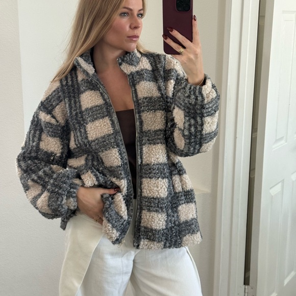 Cozy Plaid Teddy Jacket - Gray and Cream - Picture 1 of 10